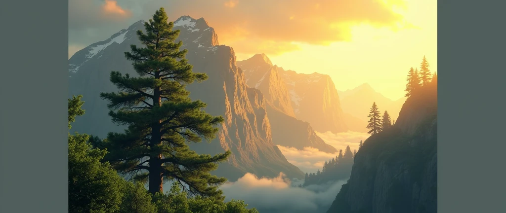 A golden mountain and a tree in front