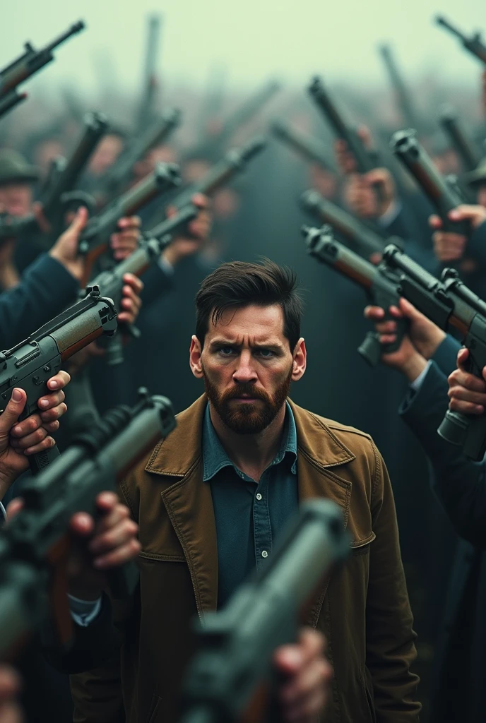 Everyone is holding a machine gun.To shoot Lionel Messi