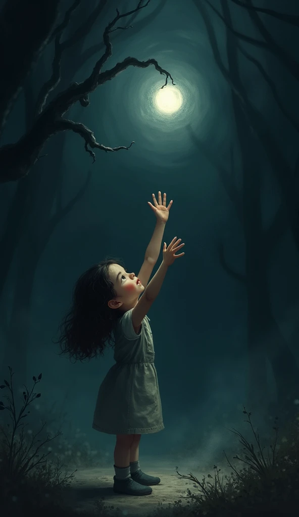 Generated illustration of a girl trying to grab a small light in the darkness