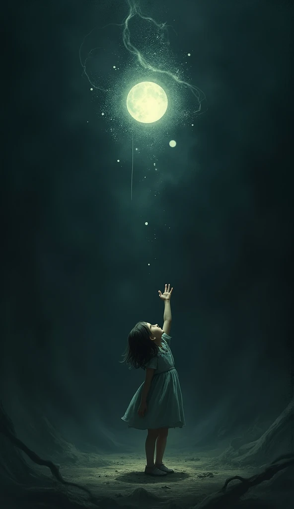 Generated illustration of a girl trying to grab a small light in the darkness