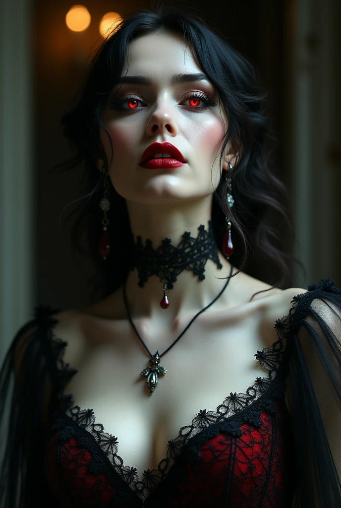 femme vampire avec des canines pointues et apparent et des yeux rouges