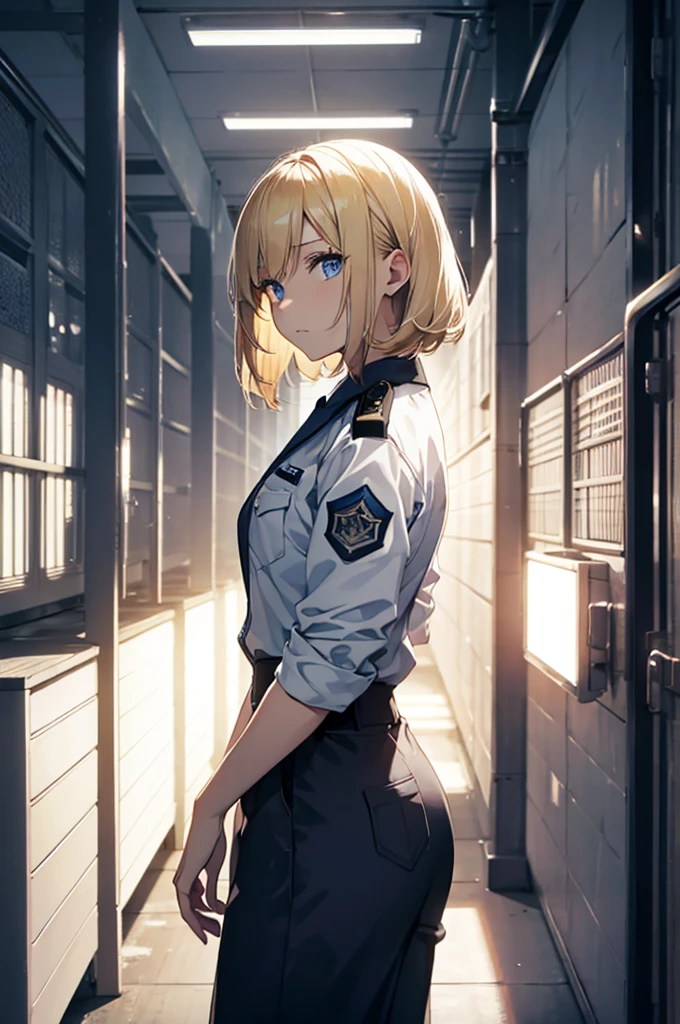 A young woman stands in front of a prison, bright blonde hair,  standing in the prison office, dark blue eyes, wearing prison uniform, 