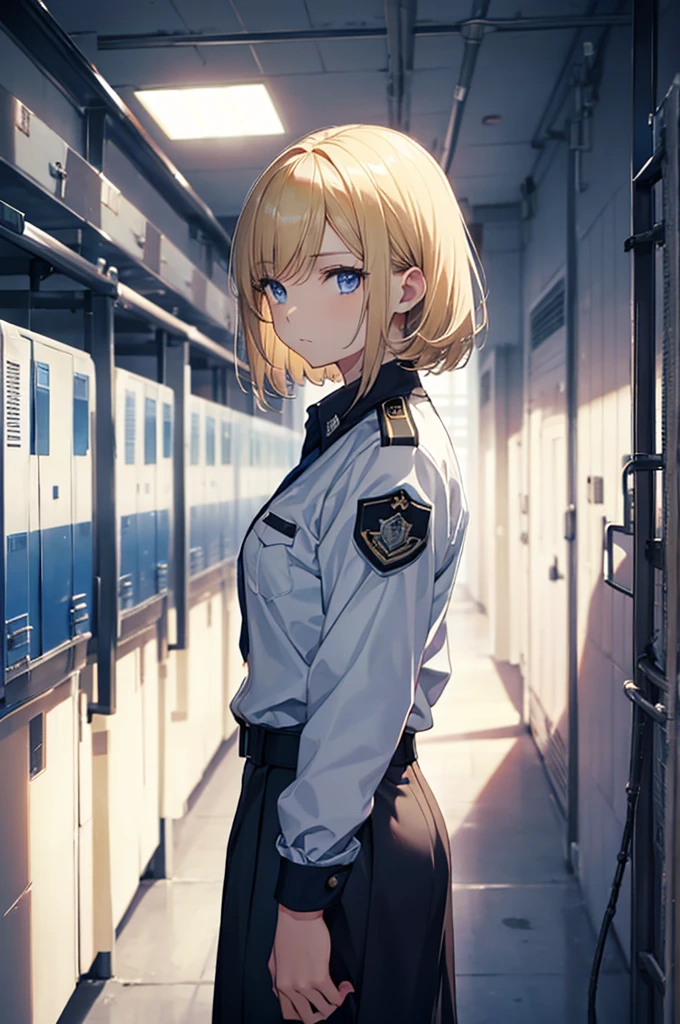 A young woman stands in front of a prison, bright blonde hair,  standing in the prison office, dark blue eyes, wearing prison uniform, 