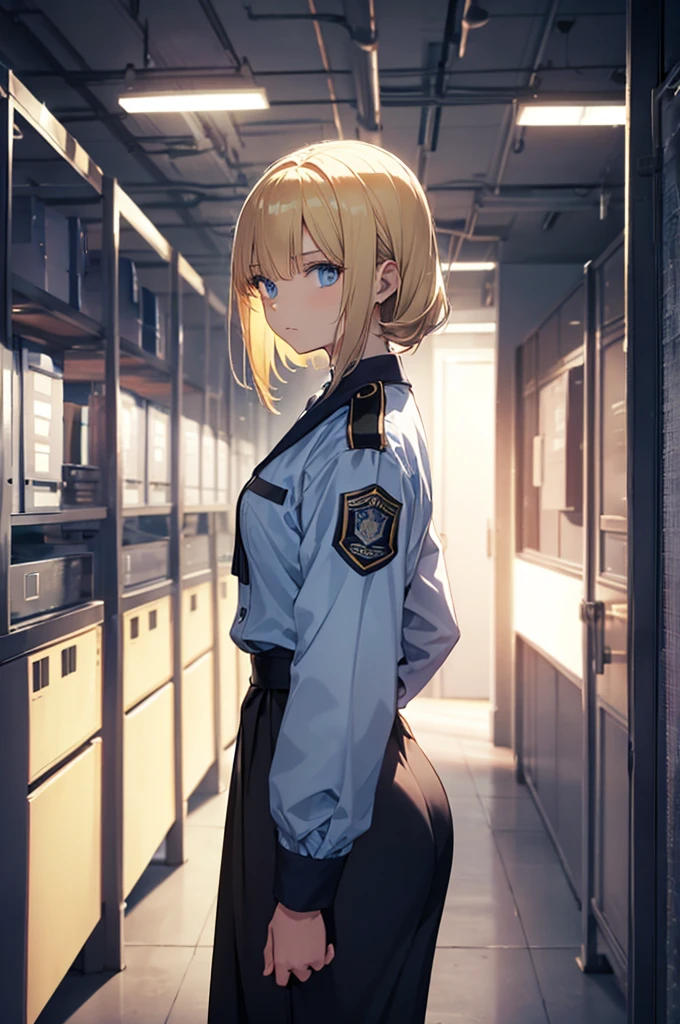 A young woman stands in front of a prison, bright blonde hair, standing in the prison office, dark blue eyes, wearing prison uniform,