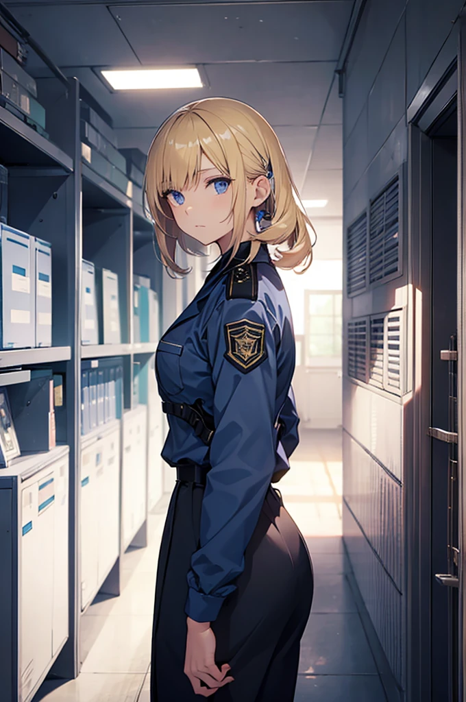 A young woman stands in front of a prison, bright blonde hair,  standing in the prison office, dark blue eyes, wearing prison uniform, 