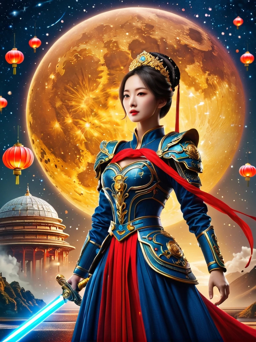 Create a Mid-Autumn Festival poster with a futuristic sci-fi mechanical fantasy，(By Mooncake，The composition of the mechanical Chang&#39;e in Guanghan Palace:1.6)，(Dotted with osmanthus and osmanthus)，Chang'e has long white hair，Blue eyes，The body is silver，Wearing a white Hanfu dress，A blue belt is tied around the waist，Standing in a futuristic Mid-Autumn Festival background，The background is blue，There are blue lights on her and in the background，There&#39;s an energy field around her.，This image is very detailed and realistic，((girl，Hanfu mecha))，Broken armor，Mechanical Halo，Robotic Arm，White hair，Long hair，Ceramic body，Thigh gap，Network Background，Extremely detailed city，(Translucent body)，(Reflective Skin)，8k，Best quality，Ultra Detailed，(Surrealism:1.4), [colorful explosion psychedelic paint colors:1.21], (sharp:0.7), amazing fine detail, Nikon D850 film stock photograph Kodak Portra 400 camera f1.6 lens, rich colors, lifelike
