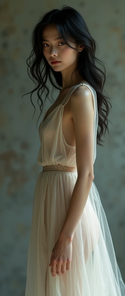 Sixteen year old white girl with black hair in a see-through dress full body. 