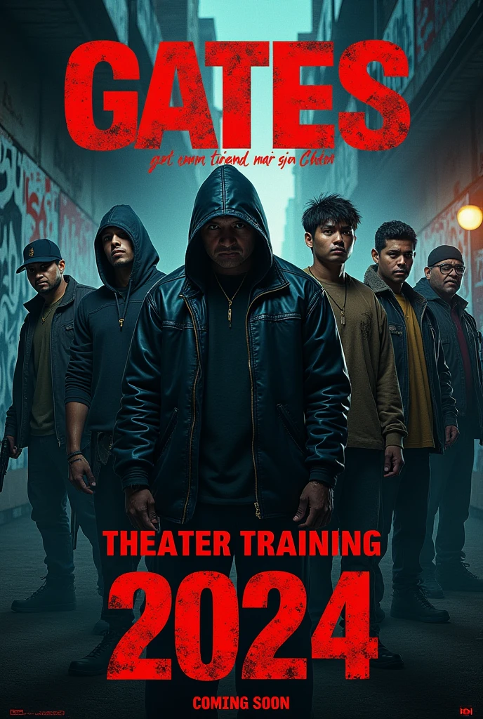 Poster themed with a group of street gangsters written "GATES THEATER TRAINING 2024"  then there is writing "coming Soon" Indonesian