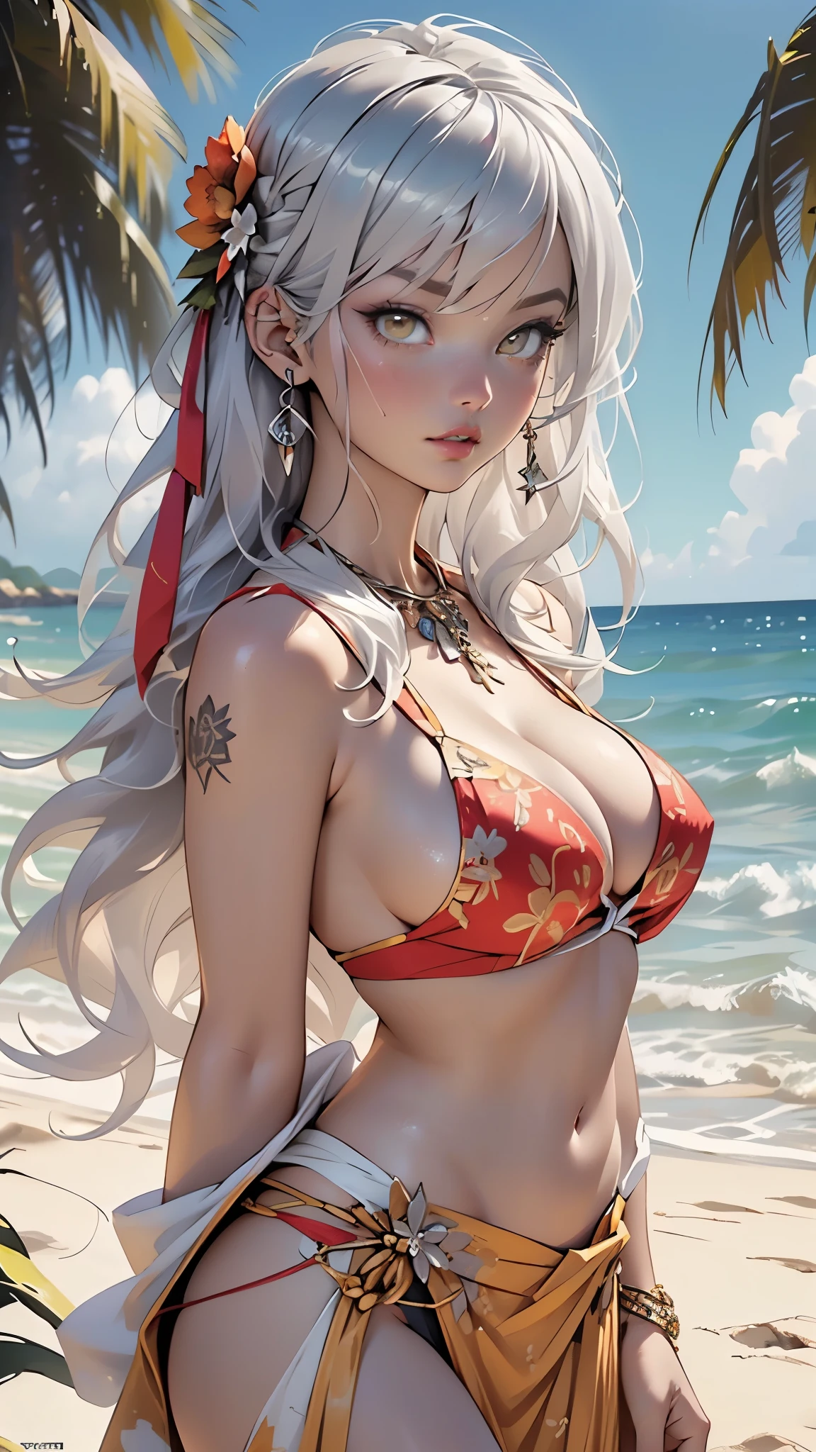 woman,1female,((milf,mom,mature,mature woman,4 female,adult)),(large breasts:1.5),saggy breasts,(((white hair:1.4,straight hair,long hair:1.4,colored inner hair))),((yellow_eyes:1.3)),intricate eyes,beautiful detailed eyes,symmetrical eyes,((((dark skin:1.4,lustrous skin:1.5,bright skin: 1.5,skin tanned,shiny skin,very shiny skin,shiny body,illuminated skin)))),(spider lower abdomen,narrow waist,wide hip,bimbo body,inflated legs,thick thighs,delicate detailed fingers),(((detailed face))),

cute,slutty,sensual,seductive look,seductive,((erotic)),opulent,sumptuous,longingly,((nsfw)),

queen,goddess,fantasy,(((ice jewelry,intricate necklace,christmas jewelry))),((huge cleavage)),((eyeshadow,elegant makeup,eyelid makeup,gold lips,gold lipstick)),((red bikini:1.5,silver sarong:1.5, hair flower:1.5)),(((intricate outfit,intricate clothes,embroidered outfit,ornate outfit,embroidered clothes,ornate clothes))),

(dynamic pose:1.0),embarrassed,(centered,scale to fit dimensions,Rule of thirds),

((Sky, Sea, clouds,)), with dark stormy clouds,((beach scenery,intricate scenery)),

(Glossy mexican ornaments),highres,sharp focus,(ultra detailed,extremely detailed),(photorealistic artwork:1.37),(extremely detailed CG unity 8k wallpaper),(((vibrant colors,vibrant theme))),(intricate),(masterpiece),(best quality),artistic photography,(photography taken by sldr),(intricate background),perfect rendered face,perfect face details,realistic face,photo realistic,((intricate detail)),(((realism))),
