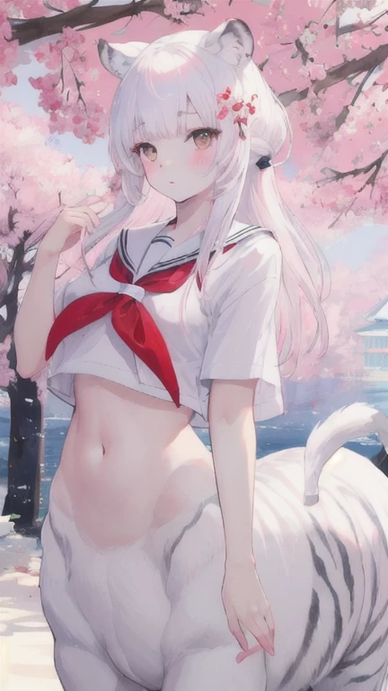 (best quality, masterpiece), 1 girl, centaur, I beg, White skin, Japanese schoolgirl, black pink, exposing the abdomen, belly button t-shirt , Beautiful girl perfect white tiger photo, perfect white tiger photo