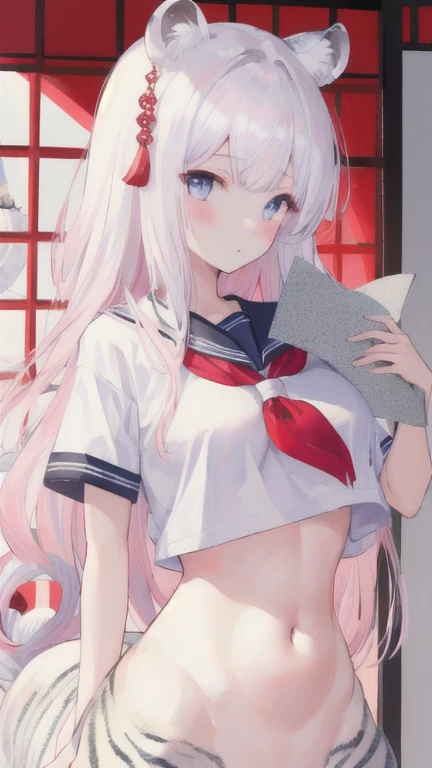 (best quality, masterpiece), 1 girl, centaur, I beg, White skin, Japanese schoolgirl, black pink, exposing the abdomen, belly button t-shirt , Beautiful girl perfect white tiger photo, perfect white tiger photo