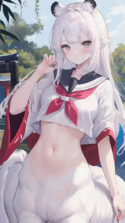 (best quality, masterpiece), 1 girl, centaur, I beg, White skin, Japanese schoolgirl, black pink, exposing the abdomen, belly button t-shirt , Beautiful girl perfect white tiger photo, perfect white tiger photo