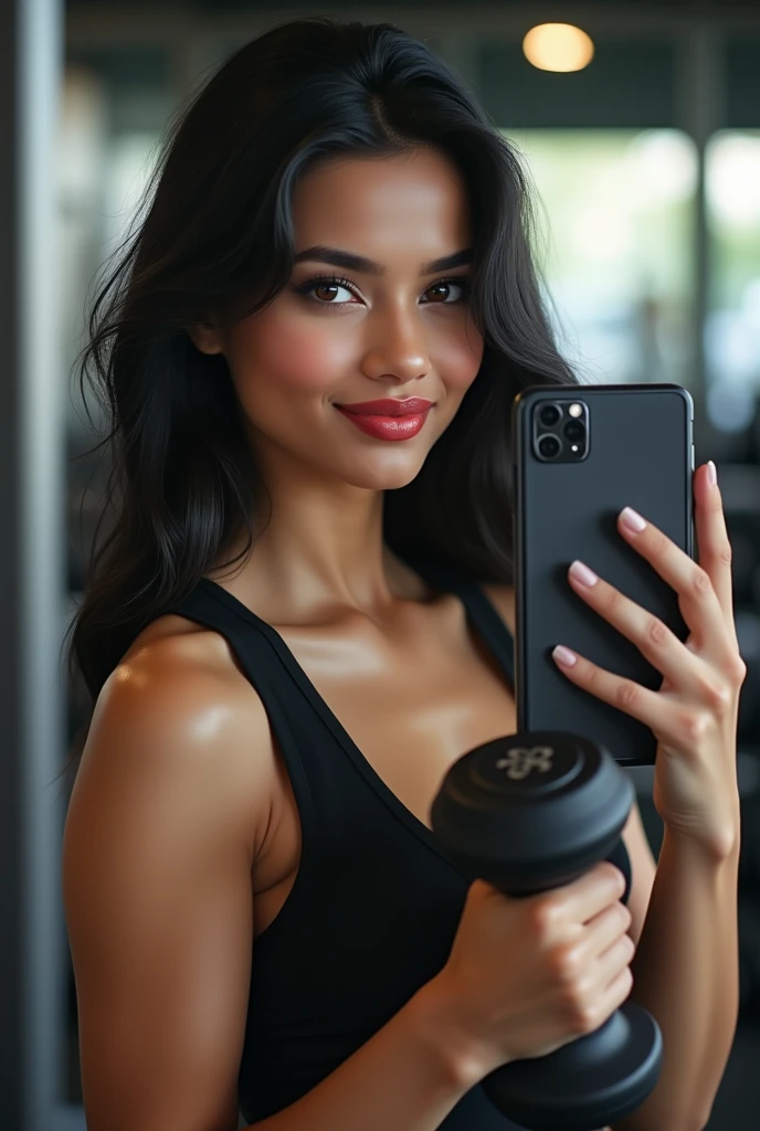 Lovely cute indian girl 2, cute model, long black hair, wearing gym cloths, good smiling face, very detailed face, realistic face, fair girl, white skin girl, detailed and shining eyes, detailed natural hairs, full glossy red lips, soft focus, extremely beautiful, very detailed surroundings, calisthenics muscular body, realistic photo, gym background, show only dumbles rack in gym background, image till body waist, selfie in front of mirror with apple iphone 15 pro max mobile in right hand, show mobile phone in mirror, dumble in one hand, doing exercise in front of mirror,