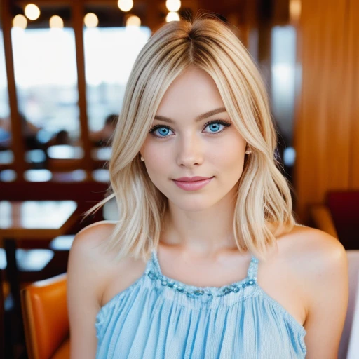 Photo of a blonde (2 blue eyed woman), inside a restaurant eating with food, wavey hair, small breasts, (dress), Details (Textures! , hair! , Color!! , eyes with lots of detail (looking to the camera), reflex lighting, reflex camera, ultra quality, sharpness, minimum depth of field, film grain (center), Fujifilm XT3, Clear as crystal, frame center, Beautiful youthful face, sharp focus, detailed skin pores, complex eye Details, Whole body