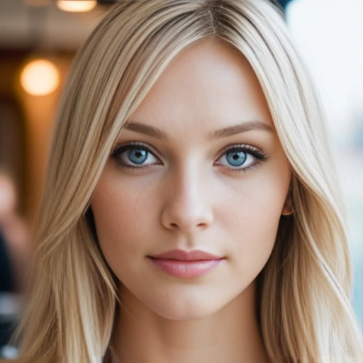 Photo of a blonde (2 blue eyed woman), inside a restaurant eating with food, wavey hair, small breasts, (dress), Details (Textures! , hair! , Color!! , eyes with lots of detail (looking to the camera), reflex lighting, reflex camera, ultra quality, sharpness, minimum depth of field, film grain (center), Fujifilm XT3, Clear as crystal, frame center, Beautiful youthful face, sharp focus, detailed skin pores, complex eye Details, Whole body