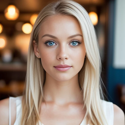 Photo of a blonde (2 blue eyed woman), inside a restaurant eating with food, wavey hair, small breasts, (dress), Details (Textures! , hair! , Color!! , eyes with lots of detail (looking to the camera), reflex lighting, reflex camera, ultra quality, sharpness, minimum depth of field, film grain (center), Fujifilm XT3, Clear as crystal, frame center, Beautiful youthful face, sharp focus, detailed skin pores, complex eye Details, Whole body