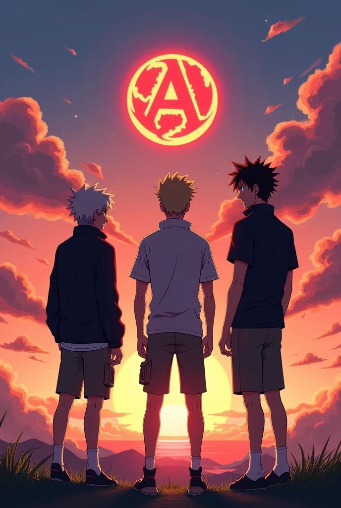 trio that facing to the beautiful sun set and has ph akatsuki on top of the image and they're in anime and they're all man and the one guy is 5'5 height and the man on the middle is 5'4 height and the man on the right is 5'7 height