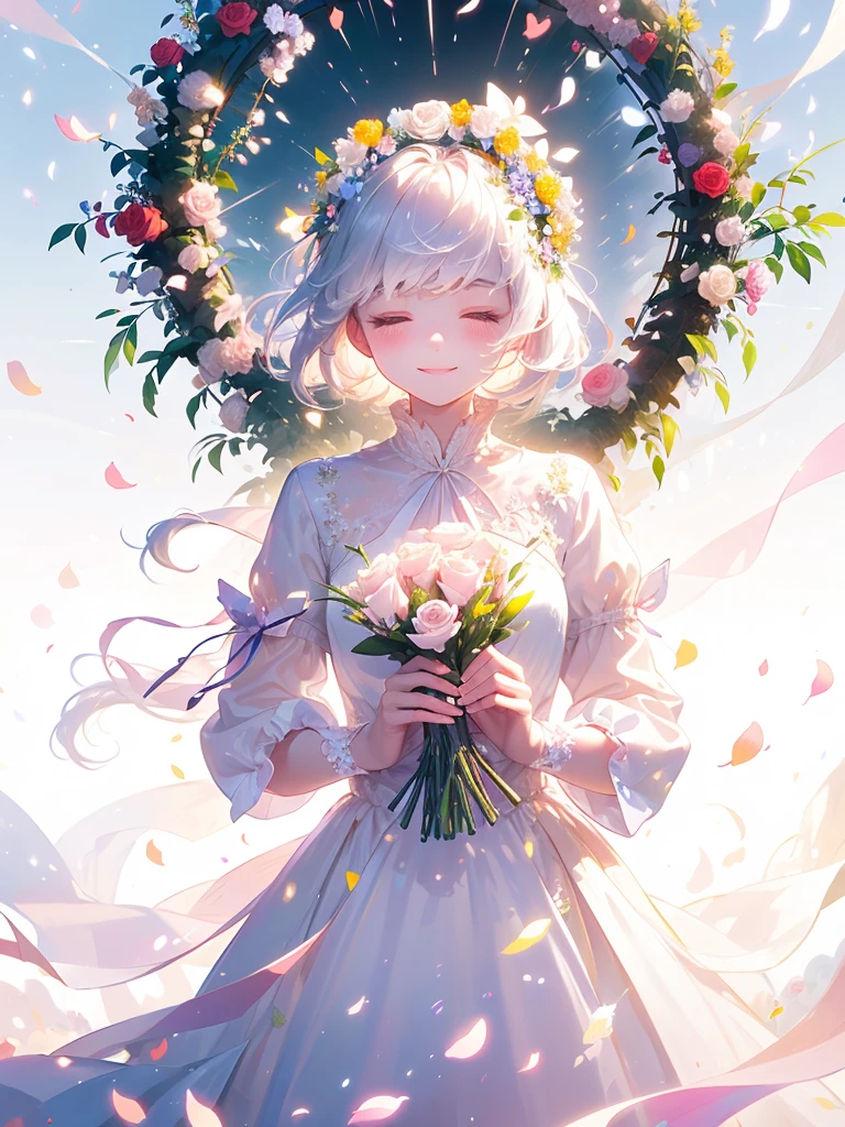 (masterpiece、Highest quality、Highest quality、Beautiful and beautiful:1.2)、(Perfect Anatomy:1.2)、Milky white straight hair girl、Butterfly Fairy、Floral costume、A radiant smile、Bow your head and gently close your eyes、I join my hands in prayer.。、Flowers and leaves on head、Surrounded by lots of flowers、Rose flowers blooming profusely、Rose Garden