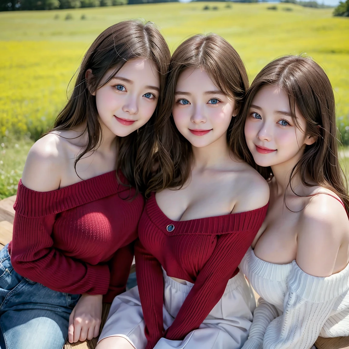 (3 girls), young faceอินโดนีเซีย, 12 years,smile, white skin, Round breast, blue eyes,((Wear a red off-the-shoulder sweater that shows off your cleavage...))Masterpiece, Highest quality, 8ก, beautiful girl, young face、 photography, Cute face, thigh,In the meadow, Embarrassing、รอยsmile、((((((อายุ 12 years))))))、small waist、 ((big breasts))