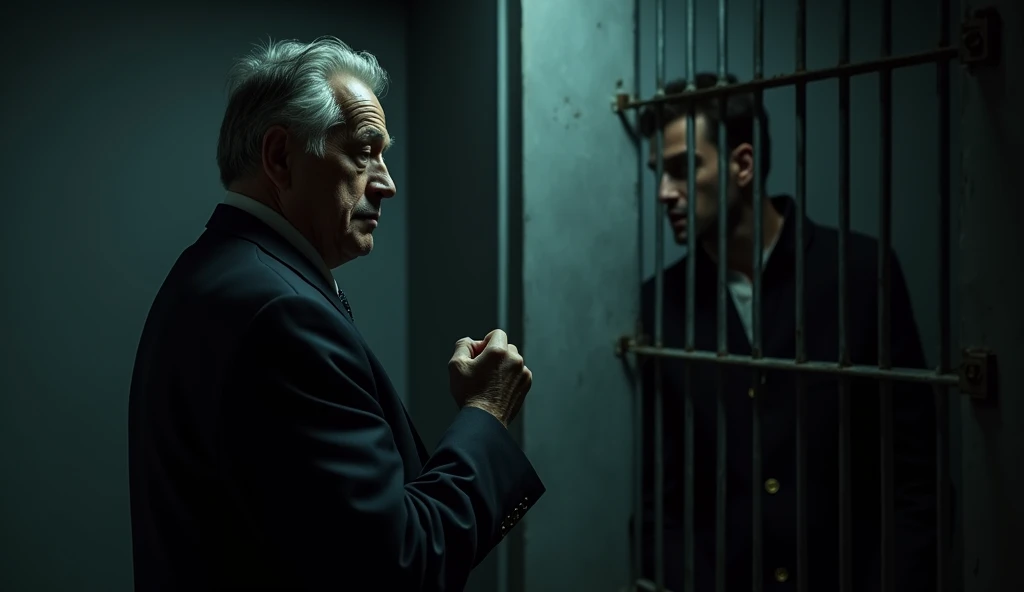 Scene: The ConfrontationPrompt:Design a dramatic scene showing a mature detective in a dark suit, standing outside the prison cell or in a shadowy corridor. The detective should have a troubled and contemplative expression. Position him near the cell, observing the male killer with a mix of frustration and concern. Use harsh lighting to emphasize the tension between the two characters. The background should be dark and oppressive, with minimal details to keep the focus on the characters.