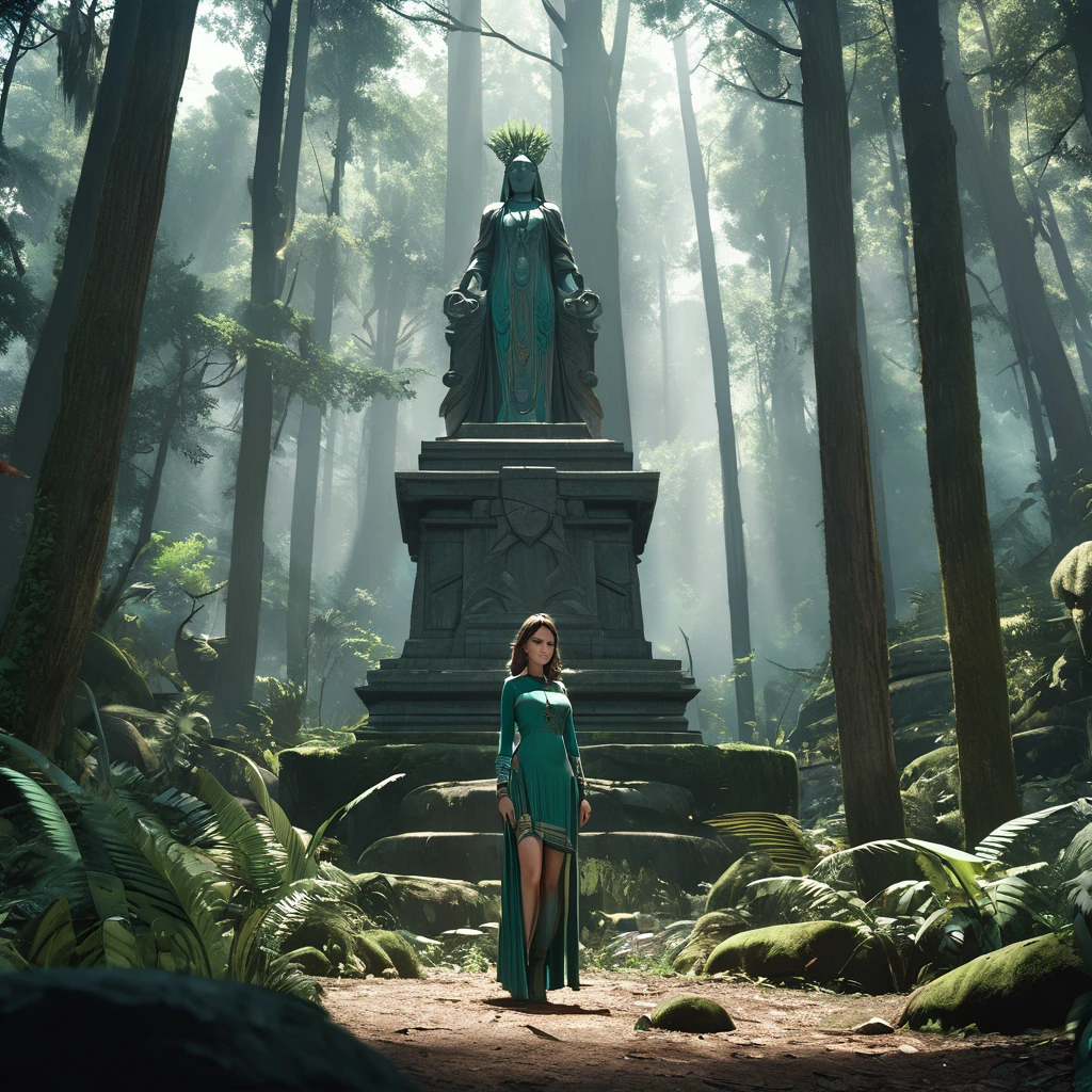 There is a stone statue in the middle of the forest, Virtual Unreal, Promotional film stills, By Simon de Friger, Remains, By Victor Manuel García Valdés, Aspect Ratio 16:9, PS3 Graphics, Quetzal, Cinema stills, Film stills, Inspired by James Cadenhead,Woman in sexy clothes