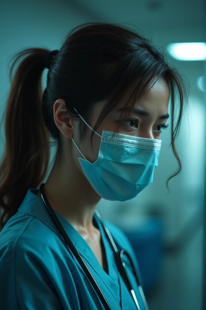 A female doctor wearing a mask is crying, with tears falling from her eyes