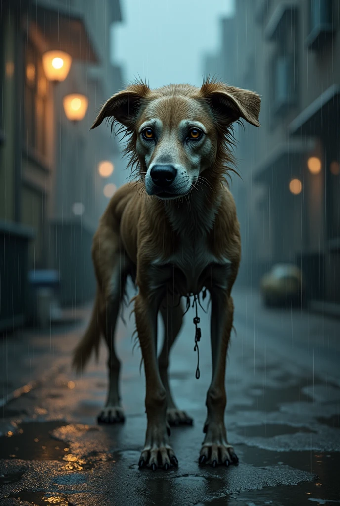 Make a stray dog skinny and hungry in the rain
