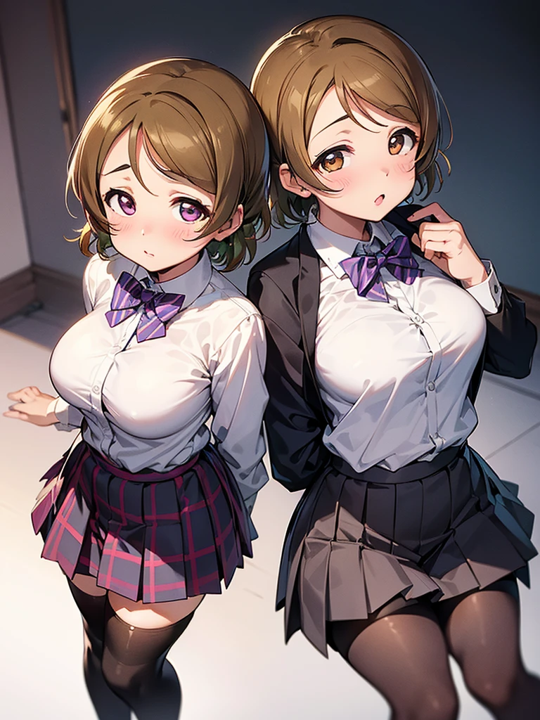masterpiece, best quality, high quality, detailed, exquisite, beautiful, (((koizumi hanayo, love live!, love live! style,))) short hair, brown hair, purple eyes, tareme, droopy eyes, pale skin, shiny skin, ((large breasts, glamorous,)) cute face, otonokizaka_school_uniform,blue blazer,striped bowtie,plaid shirt,pleated shirt,blue skirt,zettai ryouiki, black pantyhose, red glasses, blush, teenager,