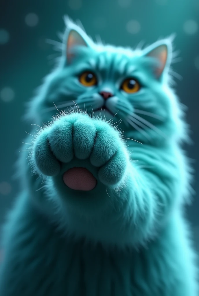 create a turquoise cat, realisitic, fluffly, he has his paw in front, leaning on the image, the paw is in front, zoom na pata, the paw touches the camera lens, super zoom na pata, the cat's face is blurred, the cat is behind, blurred in the background, nblurry background, super realisitic, high realism, the background is turquoise galaxy