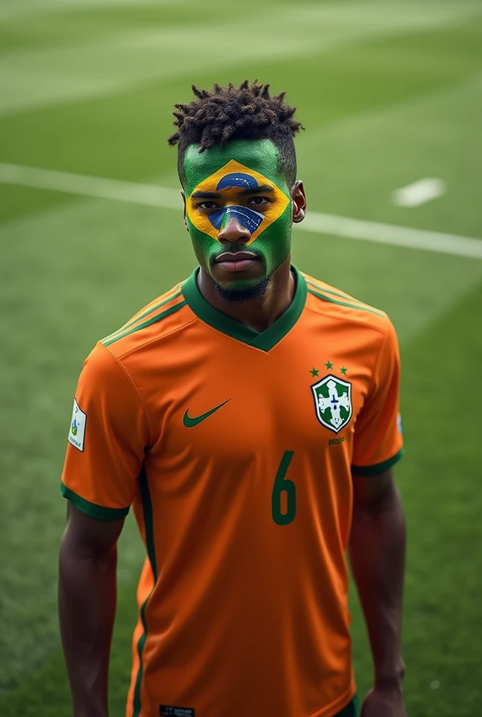 create a realistic image of a soccer player with his head painted with the Brazilian flag, on a soccer field dressed in orange standing
