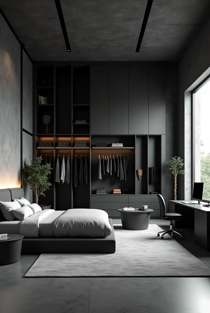 A large gray and black bedroom in the middle of the room, a double bed in the left corner, a closet with several modern clothes, a round zinc table, a pedestal in the right corner of the bed, in front of the bed, a television in the right corner, a window with a balcony and in the right corner, a bathroom on the wall of the room, a table with an epol notebook, all zinc and black. 