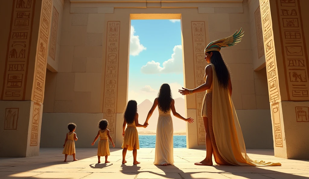In an ancient Egyptian temple courtyard, depict Horus at different stages of his life as he grows from a young boy into a strong young man, destined to be a king. Show Isis guiding and training him in the arts of combat and imparting divine wisdom. The background features intricate hieroglyphics on the temple walls and the serene Nile River flowing in the distance. The atmosphere conveys a sense of calm determination and the weight of the destiny Horus is preparing to face, with each stage of his growth reflecting his progression towards becoming a powerful ruler.