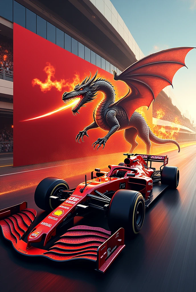 A banner of 1,50m X 1,20m above a Formula 1 team named Scuderia Furia with a dragon as a mascot and space for sponsors
