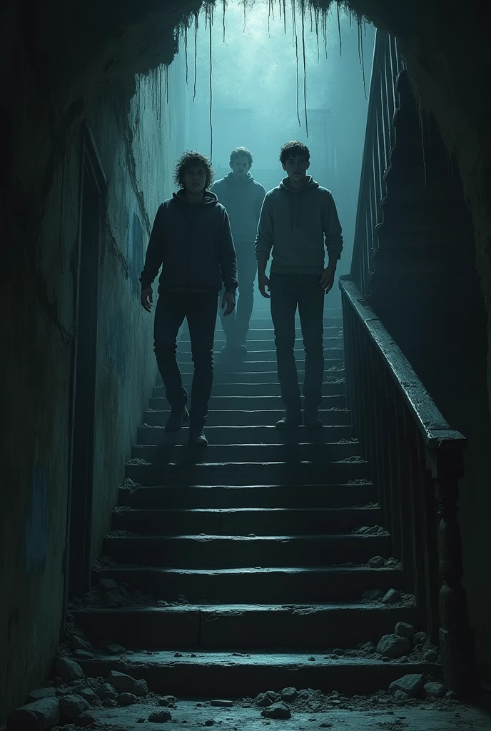 The friends climbing an old, creaky staircase with dark shadows looming around them. The atmosphere is tense and foreboding.