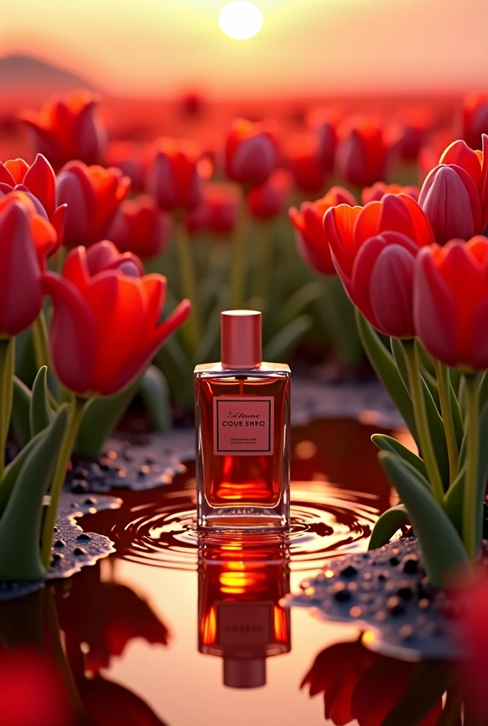 Red tulip fields as an advertisement for an Italian perfume make a slow motion video of the perfume

