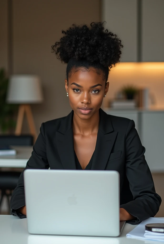 Light skin black woman with curly hair in office using laptop. Realistic Boss Pose.