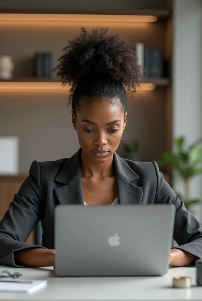 Light skin black woman with curly hair in office using laptop. Realistic Boss Pose.