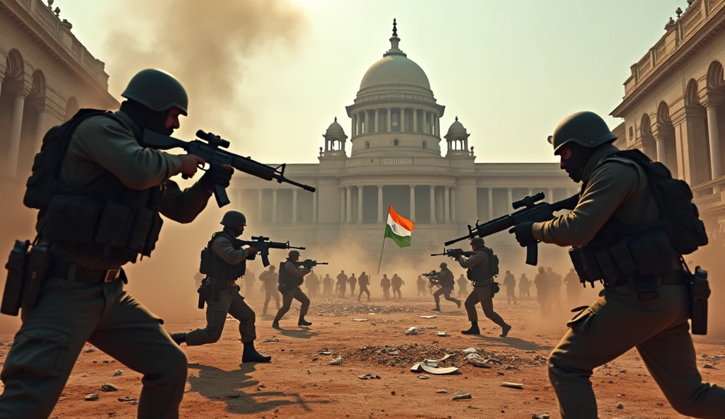 Terrorists siege the parliament of India 
And Indian soldiers fighting with him