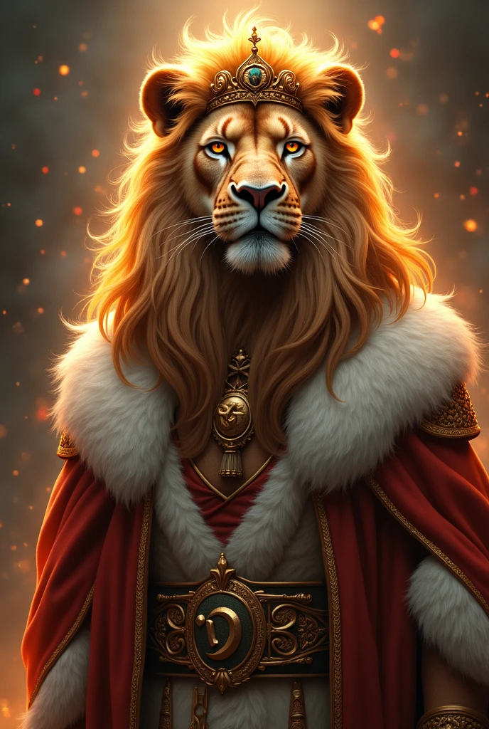 If the star sign leo was a lion shifter, hes very regal he wears a crown and has a golden lined print robe and his main color accent is white his mane is wavy and looks like fire