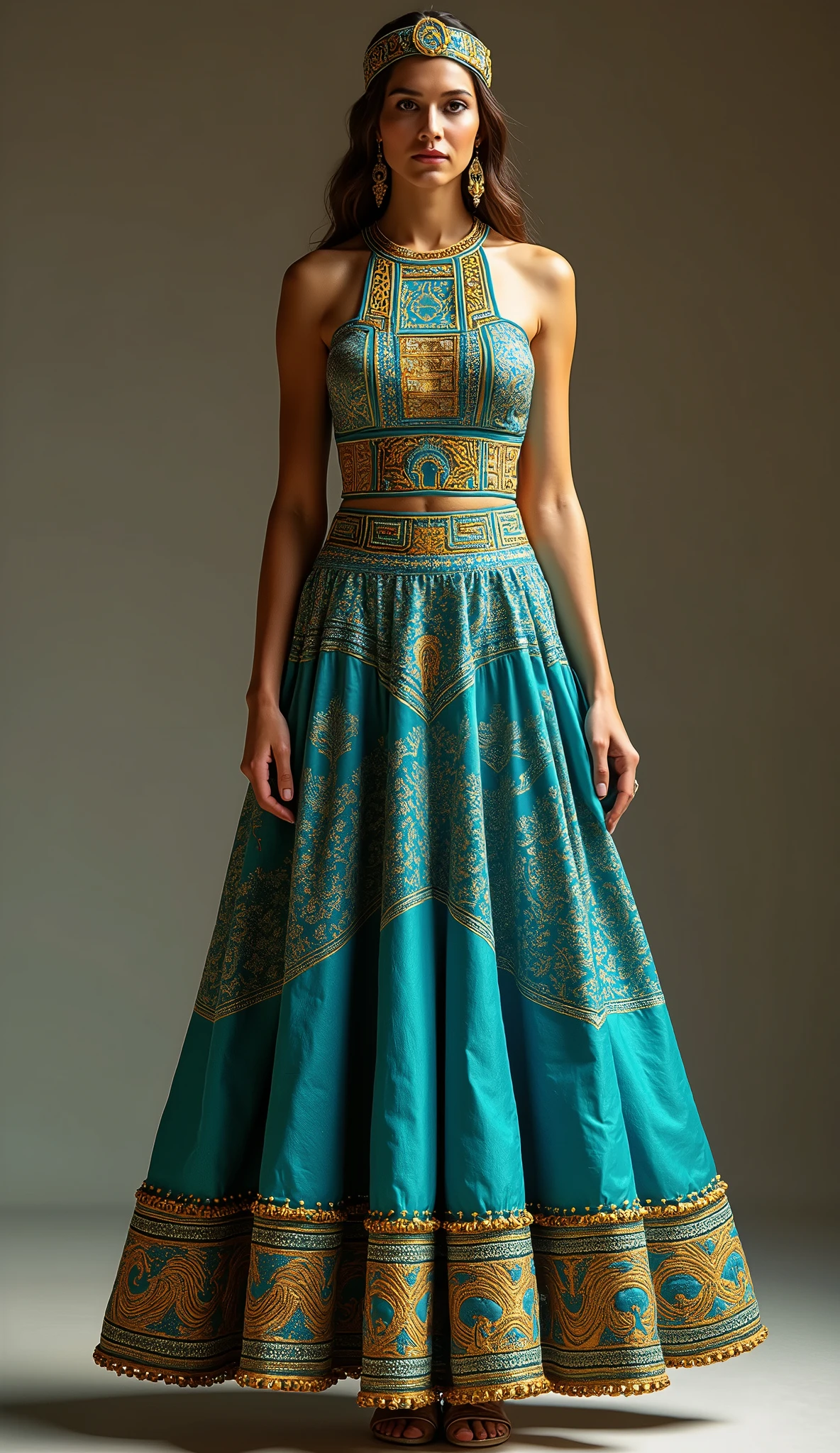 (Aztec Riviera-inspired dress, featuring Aztec warrior motifs and geometric patterns, with a color palette of turquoise and gold:1.2),
(dress has a structured bodice with a halter neckline, adorned with intricate embroidery and beadwork depicting Aztec symbols and patterns in vibrant turquoise and metallic gold, sleeves are sleeveless, highlighting the strong design),
(skirt is knee-length with a flared silhouette, crafted from silk and cotton blend, featuring geometric designs that mimic traditional Aztec art, hemline is decorated with gold trim and small jade beads:1.2),
(Accessories include a gold headpiece and jade earrings, completing the bold and cultural look),