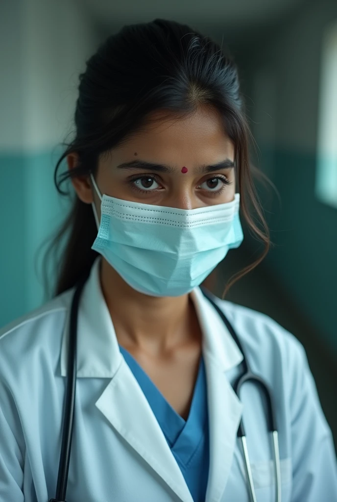 A Indian female doctor wearing a mask is crying, with tears falling from her eyes