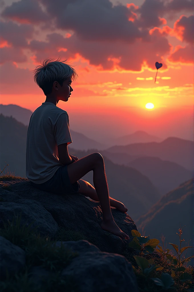 An older boy sitting on top of a mountain in Sri Lanka looking at the distant sun setting and a well-flown heart just barely visible in the darkness.