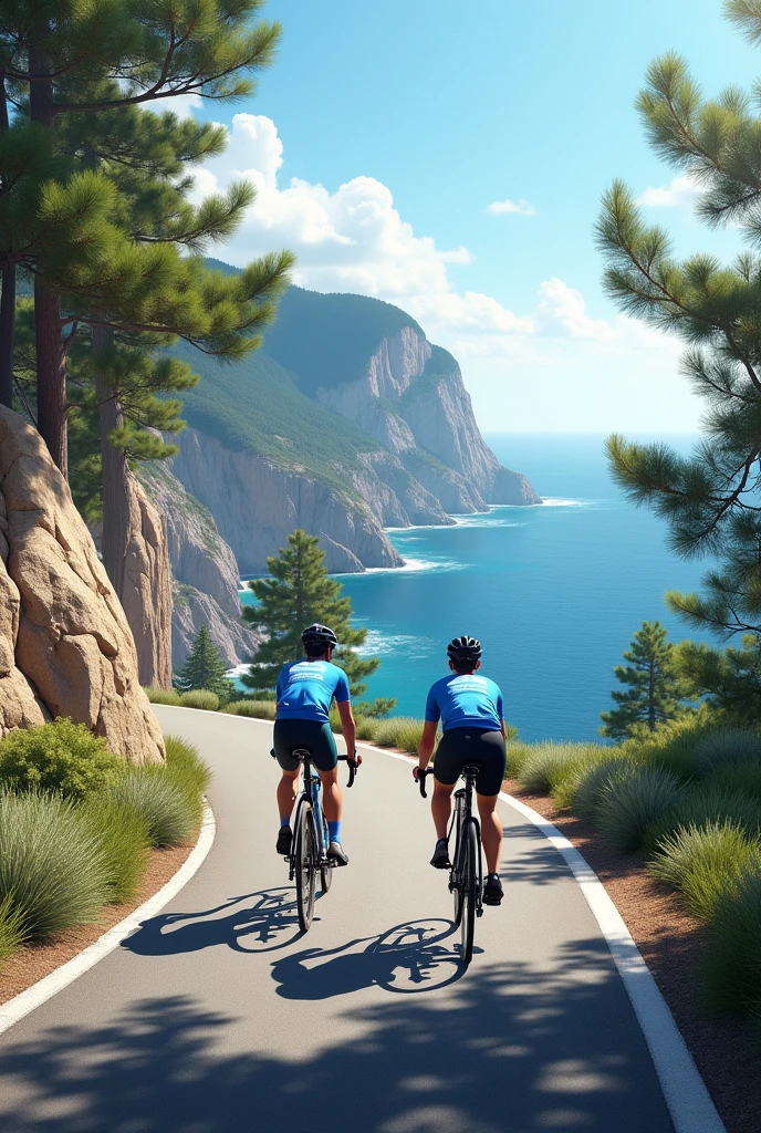 Créer moi une photo de 2 cyclistes dont un avec un vélo de contre la montre et un autre avec un vélo route. Les 2 porteront un maillot bleu et seront sur une route surplombant la mer. Cette route traverse une forêt de pin en passant entre 2 falaises rocheuses . Sur le bord de la route il doit y avoir du romarin et du thym.
Les visages devront être visible et la mer dans leur dos