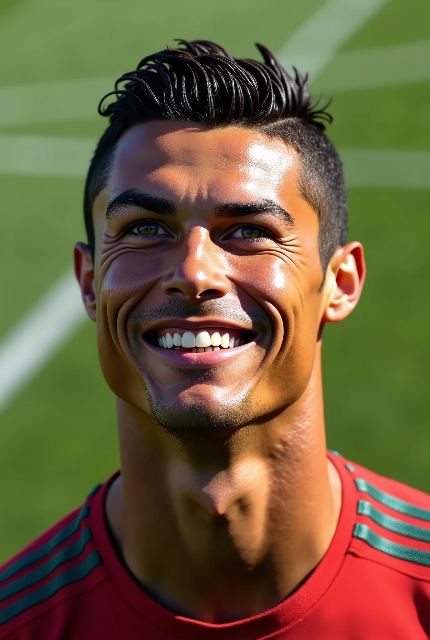 Cristiano Ronaldo's real face, real face high quality picture in football ground happy face