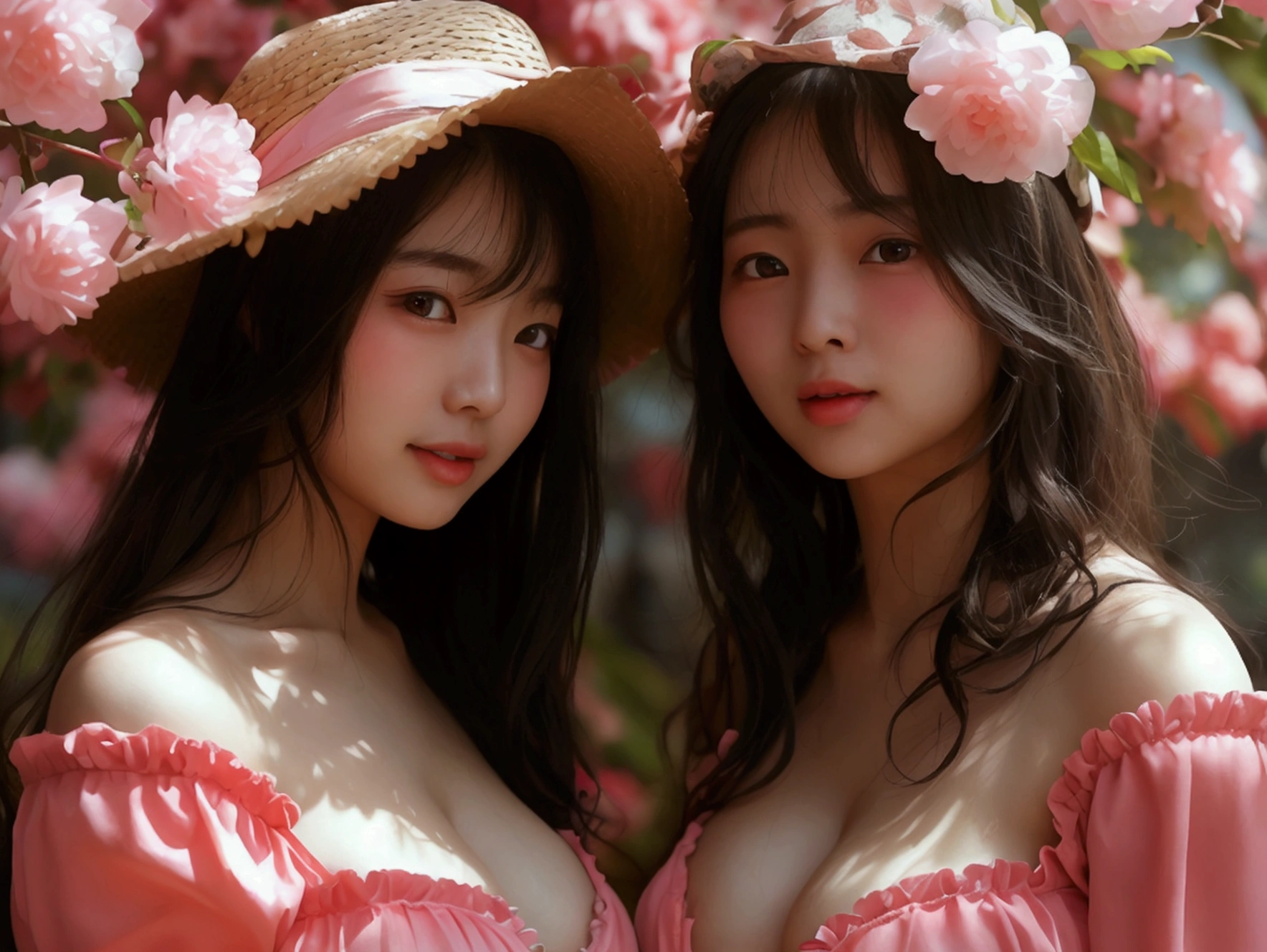 cing viewer,troubled eyebrows,deep pink around nipples,{huge gigantic breasts},garden,park,Voluptuous body,{Super Breasts},smile,big hip,{best quality}, {very aesthetic}, {ultra-detailed},curvy,voluptuous,full body,sweat,flushed,Shiny,long cut hair,{japanese},Sweating、Red cheeks,{2girls},skirt,shirt、hat、Two people、More than one person