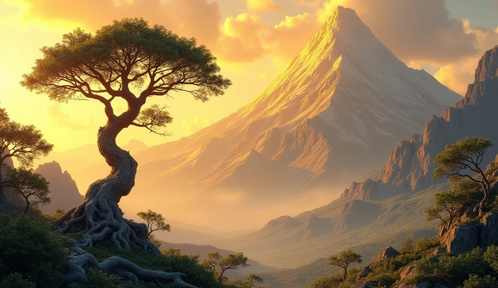 A golden mountain and a tree in front