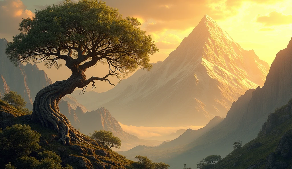A golden mountain and a tree in front