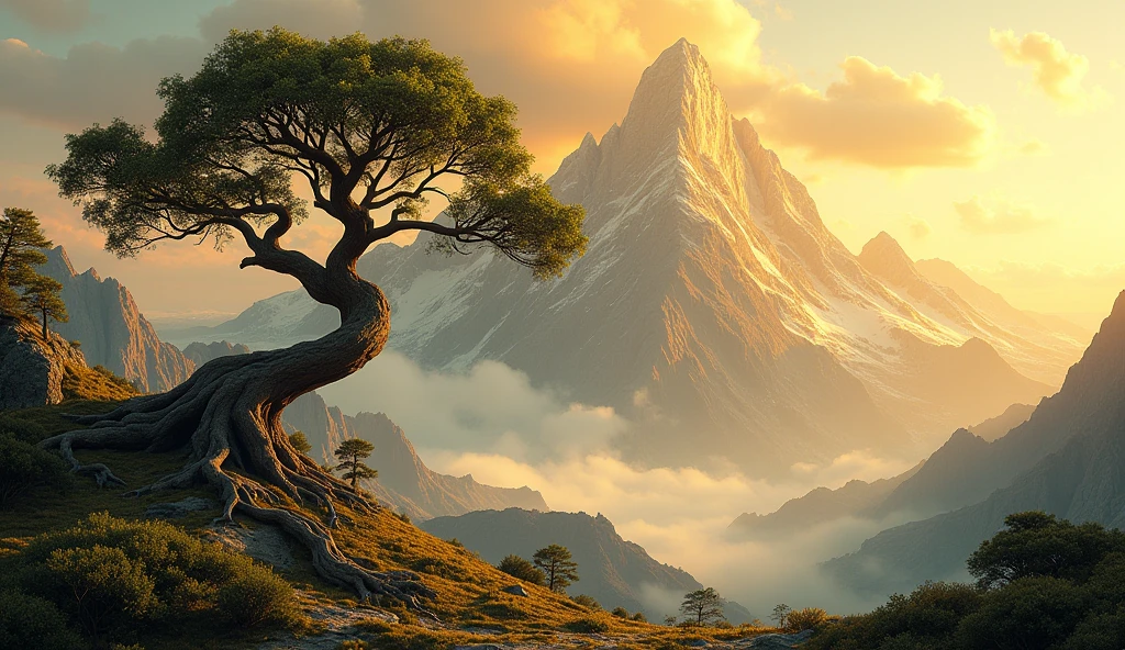 A golden mountain and a tree in front