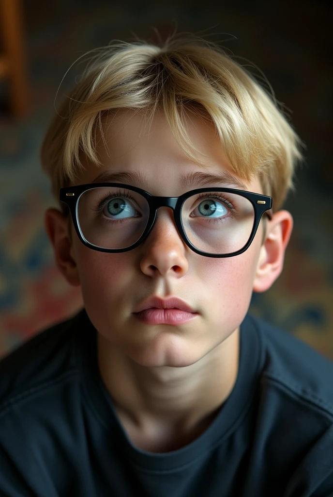 Best quality,detailed background,Boy. blonde hair. black glasses. view from above, 