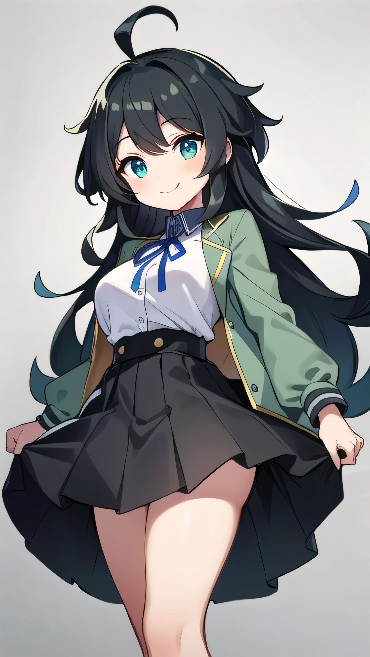 Junior high school student who looks like an elementary school student, , very short, 140 cm tall, black hair with a slight green tinge, short ahoge, beautiful long hair but with a little hair sticking out, beautiful round eyes, blue eyes, smile, boyish, long sleeves, Thick clothes, skirt, big breasts, hair longer than waist, long hair, childish face, gentle smile, a little shy, black skirt, black hair with a slight green tinge, boyish, gentle smile, jacket one size larger, ( Deep greenish black hair: 1.3)